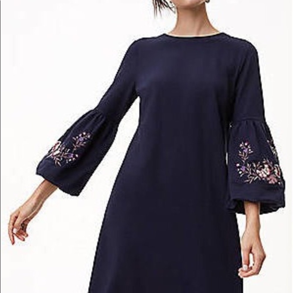 Floral Embroidered Bell Sleeve Navy Blue Dress